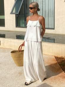 Livesso 2件套女士夏季白色时尚百搭休闲中性吊带连体裤，荷叶边度假风 - 白色 - 查看 2