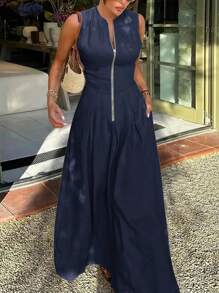 Firerie Women's Elegant Commuter Round Neck Sleeveless Front Zipper Dress,Business Casual Woman - Navy Blue - View 2