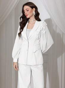 Modelyn 2pcs Women Set: Chiffon Pleated Bow Suit Jacket + Long Pants, Spring/Summer - White - View 3