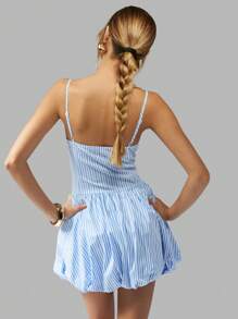 MISSGUIDED Bubble Hem Mini Dress Sweetheart Neckline Spaghetti Strap Summer Spring Fit And Flare Striped Cotton Blend Party Wedding Guest Sundress - Blue - View 2