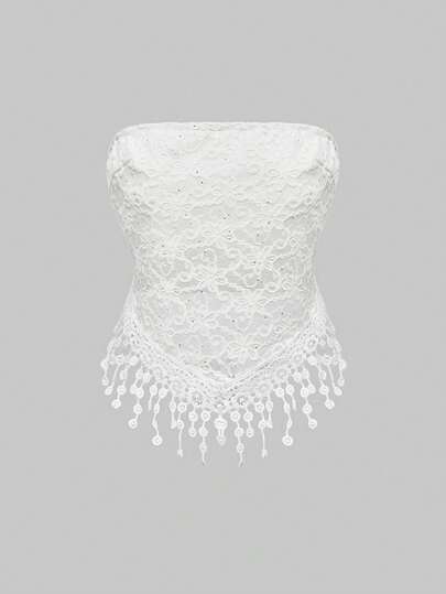 Débardeur bandeau élégant de femme hippie, de couleur unie, en dentelle et tissu pailleté, avec ourlet à franges