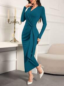Modelyn Women Solid Color Pleated Overlap V-Neck Long Sleeve Elegant Dress - Teal Blue - View 4