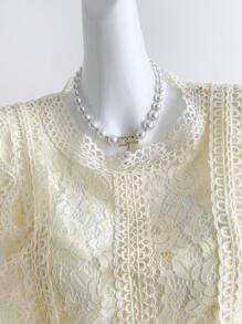 Chiquease Elegant Lace Round Neck Short Sleeve Blouse, Chic Beige Color, Spring/Summer - Apricot - View 4