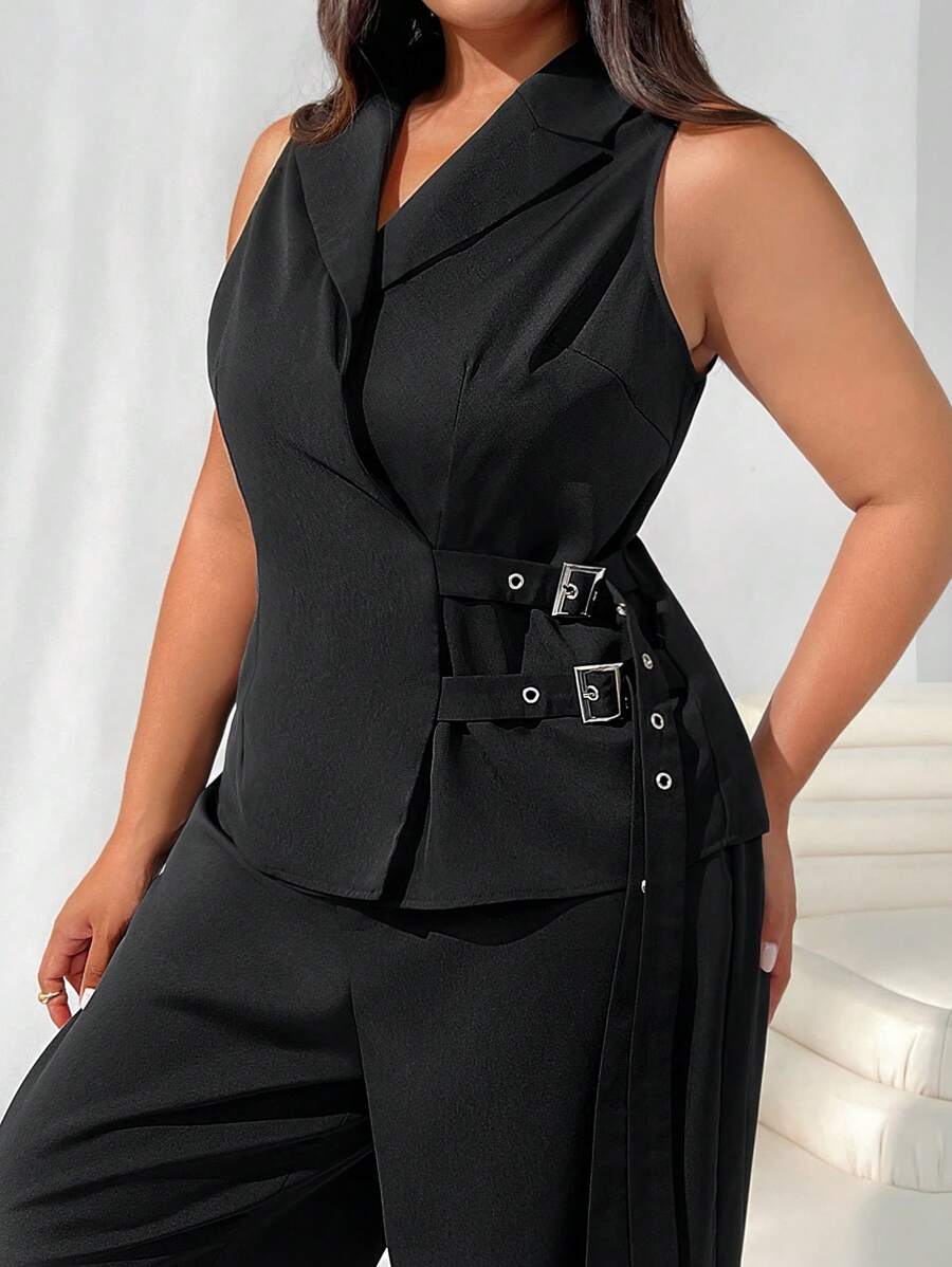 SHEIN EZwear Black Vest And Pants 2pcs Suit Set, Plus Size - Black - View 1