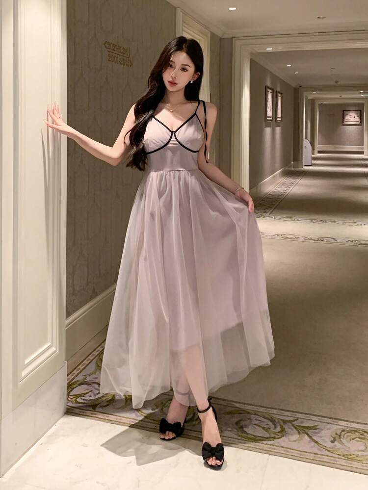 Women's V-Neck Contrast Color Strap Midi Dress With Mesh Panel, Summer Prom Dress Elegant Women Dresses