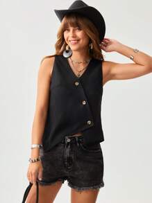 SHEIN LUNE Women's Western Style Summer Black Casual Vest, Vintage Old Money Festival Office Wear Old Money Style Old Money Teacher For Women - Black - View 6