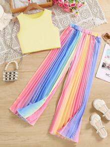 Sparklyn Tween 女童无袖圆领背心搭配彩虹褶皱阔腿裤套装，适合通勤和休闲，春夏季 - 黃色 - 查看 3