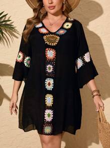 Swim Lushoire Vestito copricostume da donna taglie forti, realizzato a mano all'uncinetto, scollo a V, lavorazione traforata, aderente, con spacco laterale, leggero, adatto per la spiaggia