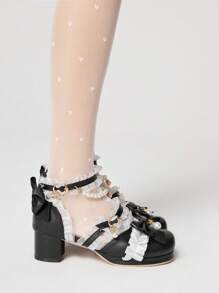 ROMWE Kawaii 女士黑色露趾玛丽珍鞋，带蕾丝边，洛丽塔风格 JK 蕾丝带皮革高跟鞋 - 黑色 - 查看 4