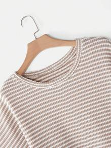SHEIN VCAY T-shirt court assorti tout-aller de style boho western à rayures abricot et blanc, col rond, grande taille, polyvalent