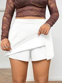 SHEIN EZwear Falda corta de mujer talla grande, color negro sólido minimalista en corte A, informal para uso diario, ropa de invierno para mujer