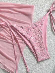 Swim Mod 3pcs/Set Pink Cute Summer Beach Party Holiday Holiday,Floral Textured Fabric Gold Flower Decor Halter Top,Side Tie Swim Shorts & Mesh Mini Skirt - Pink - View 5