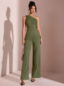 SHEIN BAE Summer Beach Vacation Elegant Solid Black Asymmetrical Collar Off-Shoulder One-Shoulder Jumpsuit, Suitable For Daily Dating, Night Out, Nightclubs, Parties, Get-Togethers, Cocktail Parties, Pool Parties, Office Wear, Commuter Jumpsuits, Holiday Jumpsuits - Army Green - View 1