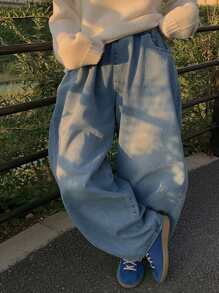 Dazy Petite Plus Plus Size Washed Distressed Loose Wide Leg Long Denim Jeans, All Season,Baggy Jeans - Blue - View 1