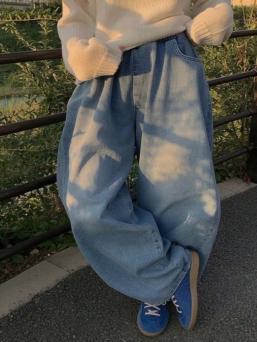 Dazy Petite Plus Plus Size Washed Distressed Loose Wide Leg Long Denim Jeans, All Season,Baggy Jeans - Blue - View 1