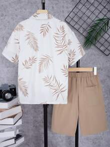 SHEIN Tween Boys' Tropical Printed Short Sleeve Shirt And Shorts Set - Khaki - View 2