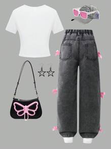 SHEIN ChillGRL 2 件女童休闲蝴蝶结 T 恤和牛仔裤套装，日常通勤装 - 深灰色 - 查看 2
