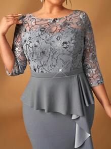 Serin Plus Size Elegant Romantic Grey Sequins Contrast Mesh Flare Sleeve See-Through Ruffle Mermaid Hem Mom's Evening Dress - Light Grey - View 4