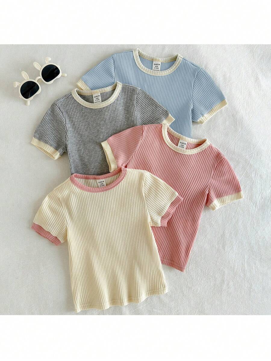 Loomiva 4pcs Baby Girl Solid Color Soft Knitted Round Neck Short Sleeve Pullover Set - Multicolor - View 1