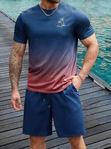 ResortEase Plus Size Men's Gradient Coconut Tree Printed T-Shirt And Shorts Set, Vacation