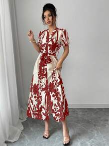 Chiquease V-Neck Casual Printed Vacation-Style Tie-Up Short Sleeve Dress - Red - View 5