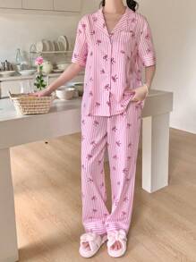 SHEIN Teen Girl Cute & Comfy Bow Stripe Collar Button Short Sleeve Loose Woven Pajama Set, 2Pcs - Pink - View 1