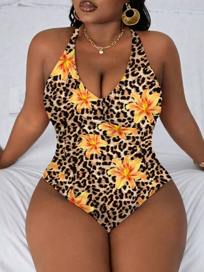 Slaydiva Plus Size Leopard Print & Floral Halter One-Piece Swimsuit, Summer
