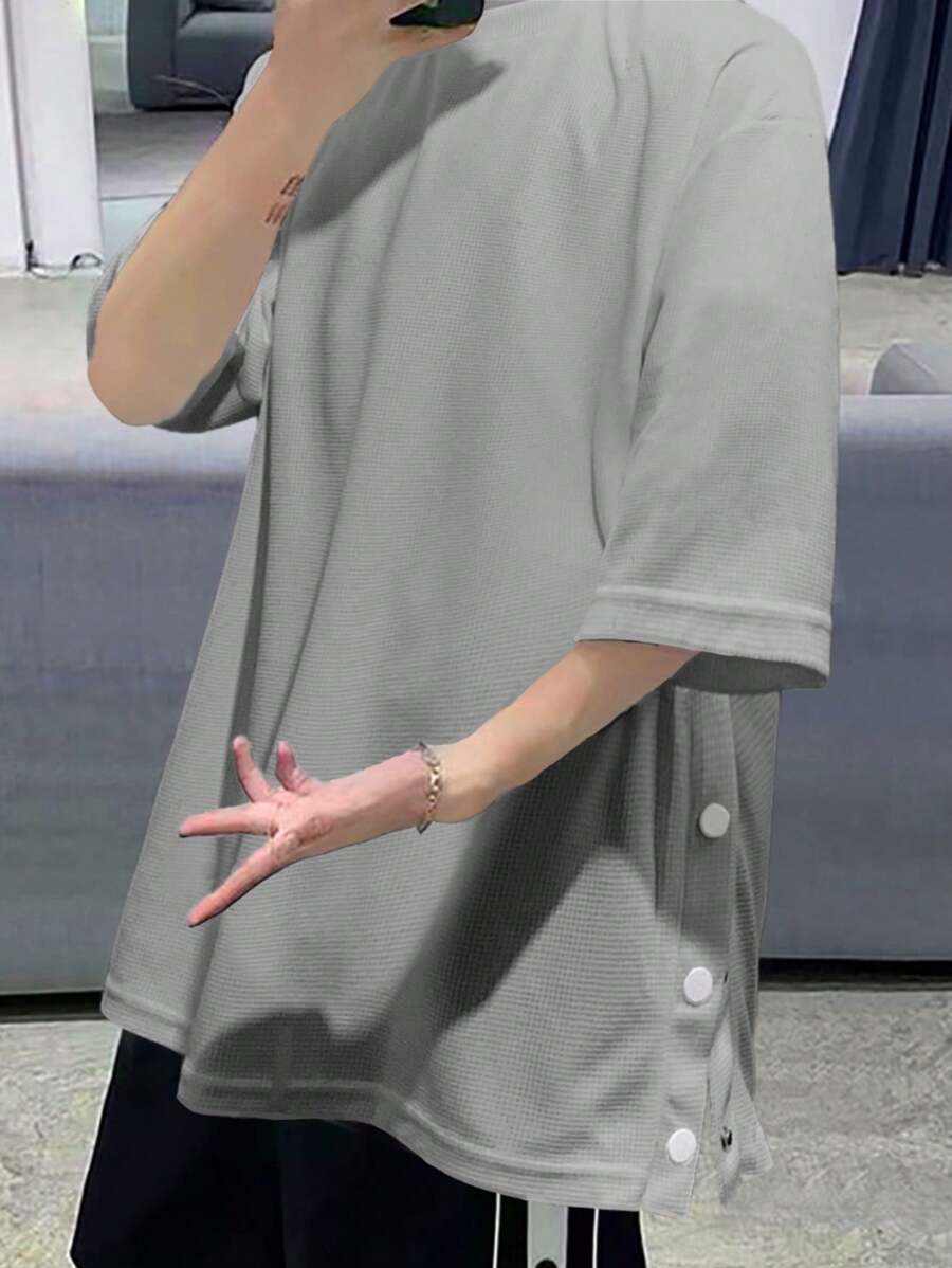 Claim Dot Loose-Fit Men's Letter Graphic Side Button T-Shirt Black Top For Menoversized T Shirt Menmen Oversized T Shirt Men Oversized Tshirt - Grey - View 1