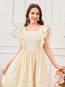 优雅度假风格荷叶边领中长连衣裙，适合少女、通勤装、度假装、夏季装、旅行装