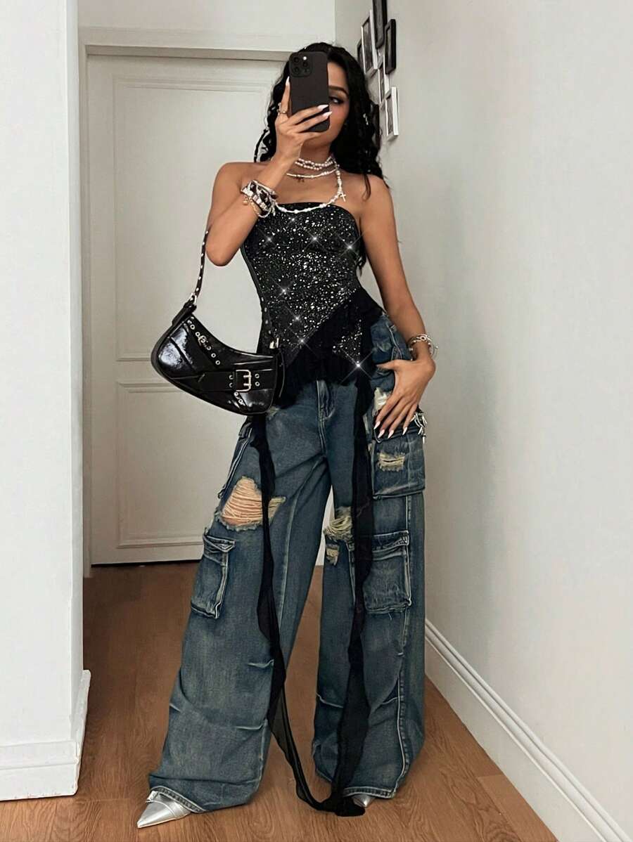 Coolane 女士 Y2K 闪亮图案撞色蕾丝运动抹胸荷叶边上衣 - 黑色 - 查看 1