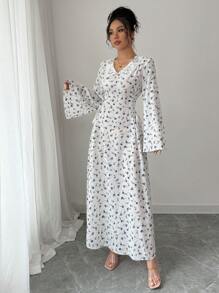 Modelyn 女式优雅碎花蕾丝拼接喇叭袖阿巴亚连衣裙，端庄 - 藍色 - 查看 4