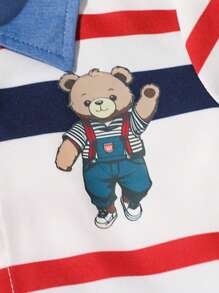 SHEIN 2 件套年轻男孩夏季短袖 Polo 领单排扣卡通熊条纹衬衫上衣和牛仔效果短裤套装，适合上学、休闲装和外出 - 彩色 - 查看 8