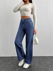 EURMUSE 100%Cotton High Waist Straight Leg Jeans - Light Wash - View 6