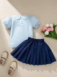 SHEIN Young Girl Cute Summer Set, Plaid Ruffle Collar Puff Sleeve Top & Pleated Skirt, Sweet And Fashionable School Style - Blue - View 2