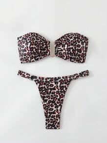 Swim Vcay Women's Leopard Print Random Pattern Sexy Metal Decor Bandeau Strapless Bikini Set, Summer - Multicolor - View 5