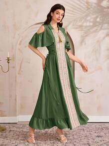 Al Najma Women's Floral Open Shoulder Ruffle Sleeve Arabic Style Dress - Green - View 4
