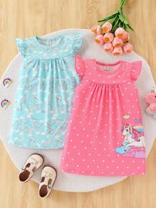 SHEIN 2pcs/Set Girls Cartoon Rainbow Print Sleeveless Dress & Vest Top Pajama Set, Cute/Vintage/Playful, Basic Casual, Summer, Sleepwear