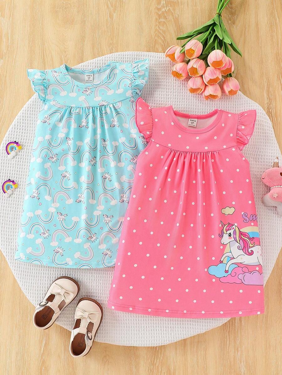 SHEIN 2pcs/Set Girls Cartoon Rainbow Print Sleeveless Dress & Vest Top Pajama Set, Cute/Vintage/Playful, Basic Casual, Summer, Sleepwear