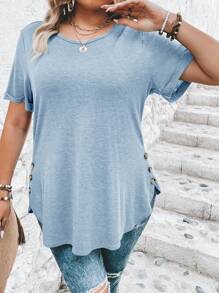 SHEIN Clasi Plus Size Women's Solid Color Round Neck Short Sleeve Side Button Casual T-Shirt - Baby Blue - View 4