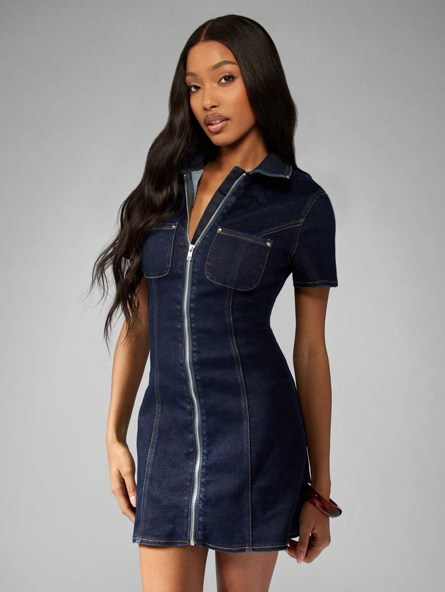 MISSGUIDED Fitted Bodycon Mini Denim Dress With ZipMISSGUIDED