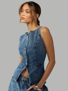MISSGUIDED Gilet en jean sans manches pour femmes, style western avec boutons-pression, taille cintrée, Top superposable pour l'automne - Bleu azur - Voir 3