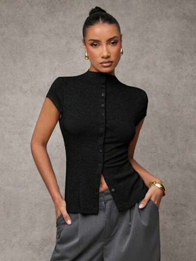 SHEIN BAE Damen Herbst Einfarbiges Oberteil mit Stehkragen, Kurzarm, Knopfleiste, Lässig Damen Oberteil, Knopfleisten Damen Jersey Oberteil