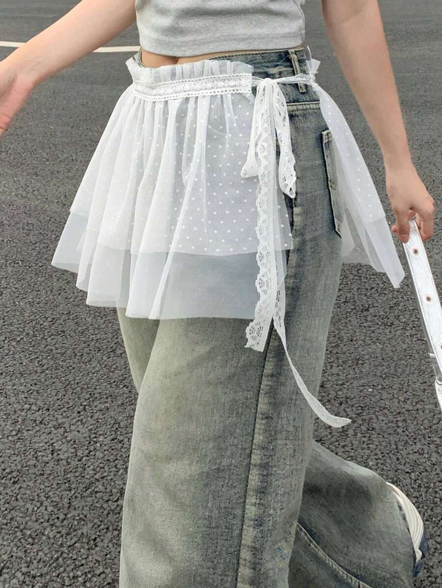 DAZY 女士波尔卡圆点不对称网眼裹身裙，时尚百搭的秋季裙子 - 白色 - 查看 1