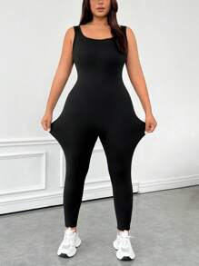 SHEIN EZwear بدلة بلا أكمام ظهر مكشوف مقاسات كبيرة، لون أحادي، للربيع والصيف - الأسود - مشاهدة 7