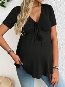 SHEIN T-shirt de maternité à col V, manches courtes, de couleur unie, simple et pour l'été