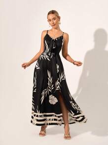 SHEIN Clasi Women's Fashion Summer Split Strap Digital Print Casual Dress - Black - View 6