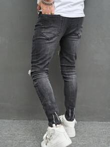 Manfinity LEGND Men's Pocket Ripped Skinny Casual Versatile Black Jeans - Black - View 2