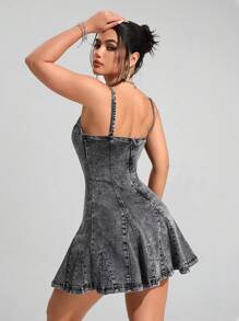 SHEIN EZwear Women's Casual Denim Camisole Dress With Pleated Hem - Grey - View 2