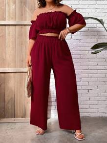 Breezaya 2pcs/Set Plus Size Casual Solid Color Shoulder Top And Long Pants - Burgundy - View 7