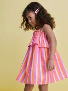 SHEIN Vestido de tirantes finos con volantes y bolsillo con rayas para niñas jóvenes - Multicolor - Ver 7